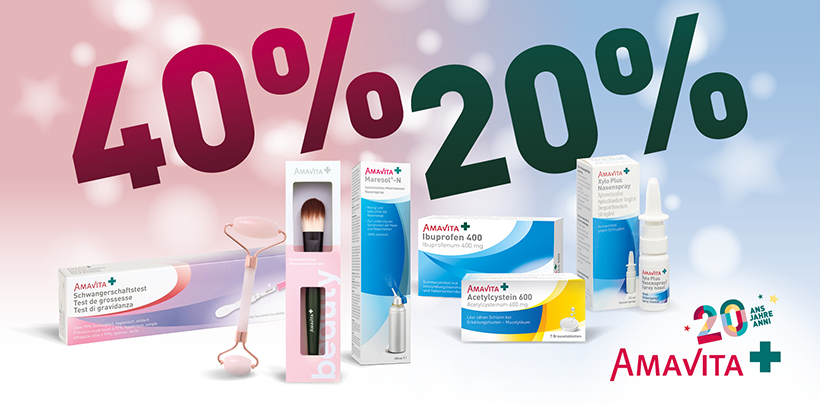 Banner del 20° anniversario Amavita con logo, sconto del 40% su prodotti beauty e medicali e 20% su medicamenti del marchio proprio Amavita, con immagini dei prodotti e sfondo rosa e blu.