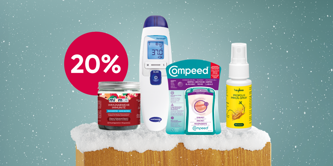 Produkte für die kalte Jahreszeit: Nahrungsergänzung, Fieberthermometer, Blasenpflaster und Propolis-Spray mit 20% Rabatt im Amavita Onlineshop.