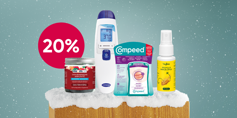 Produkte für die kalte Jahreszeit: Nahrungsergänzung, Fieberthermometer, Blasenpflaster und Propolis-Spray mit 20% Rabatt im Amavita Onlineshop.
