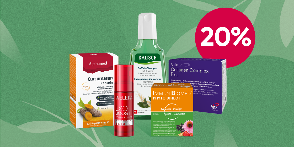 Ausgewählte Naturprodukte von Alpmed, Weleda, Rausch, Vita Health Care und Immun Biomed mit 20 % Rabatt bei Amavita.