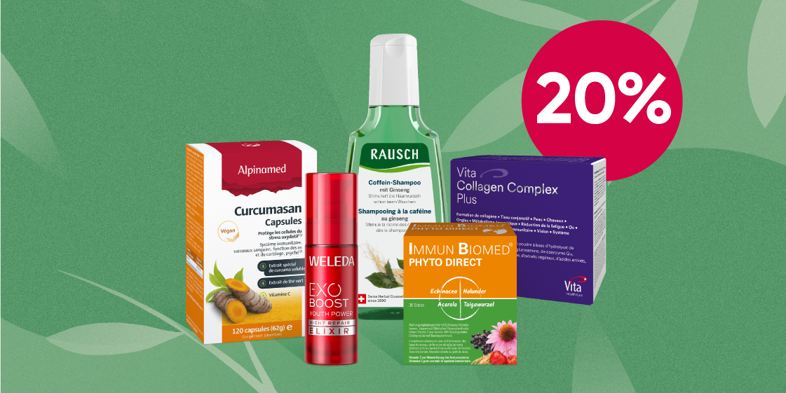 Selezione di prodotti naturali Alpmed, Weleda, Rausch, Vita Health Care e Immun Biomed con il 20 % di sconto da Amavita.