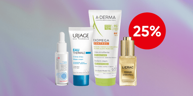 Ausgewählte Dermokosmetik von A-Derma, Uriage und Lierac mit 25% Rabatt beim Kauf von zwei Produkten.