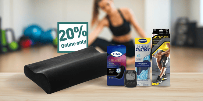 20% di sconto su una selezione di prodotti sanitari nello shop online Amavita con fascia di sostegno, cuscino ergonomico, contapassi e altri prodotti per la salute.