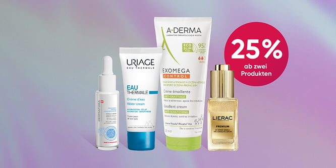 Ausgewählte Dermokosmetik von A-Derma, Uriage und Lierac mit 25% Rabatt beim Kauf von zwei Produkten.