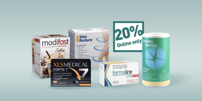 Ausgewählte Abnehmprodukte mit 20 % Rabatt, darunter Mahlzeitenersatz, Shakes und Produkte zur Gewichtskontrolle.