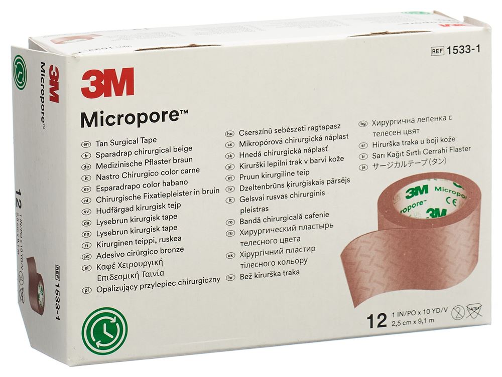 3M Micropore Rollenpflaster ohne Dispenser 25mmx9.14m hautfarbig 12 Stk