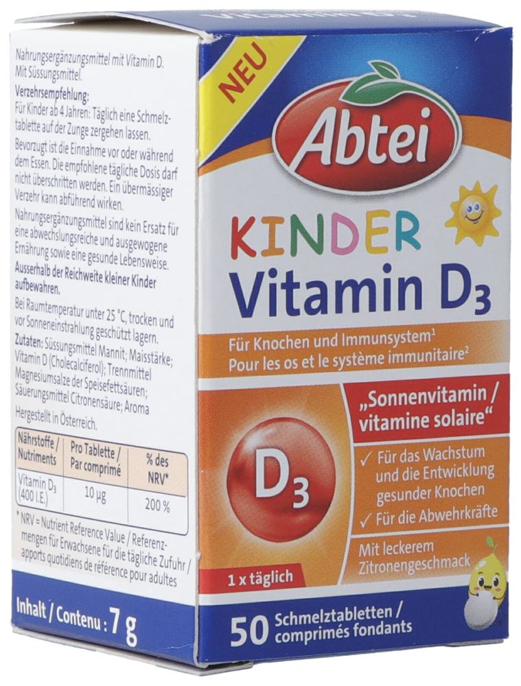 Abtei Kinder Vitamin D3 Schmelztabl Glasfl 50 Stk