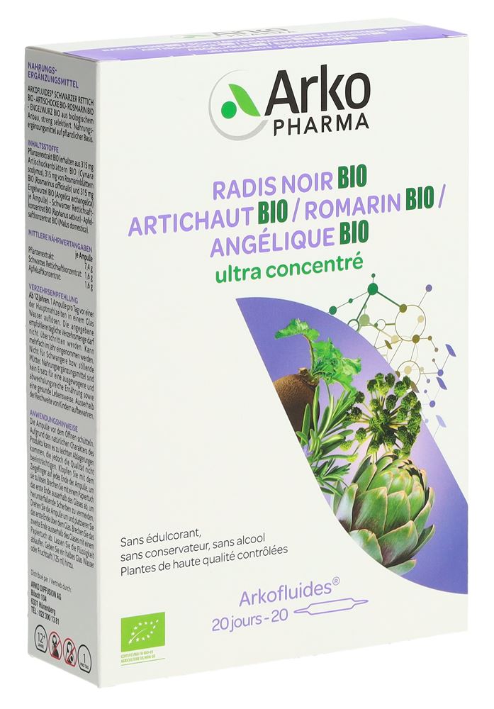 Arkofluide Artischocke schwarzer Rettich Rosmarin Engelwurz Bio Trinkamp 20 Stk