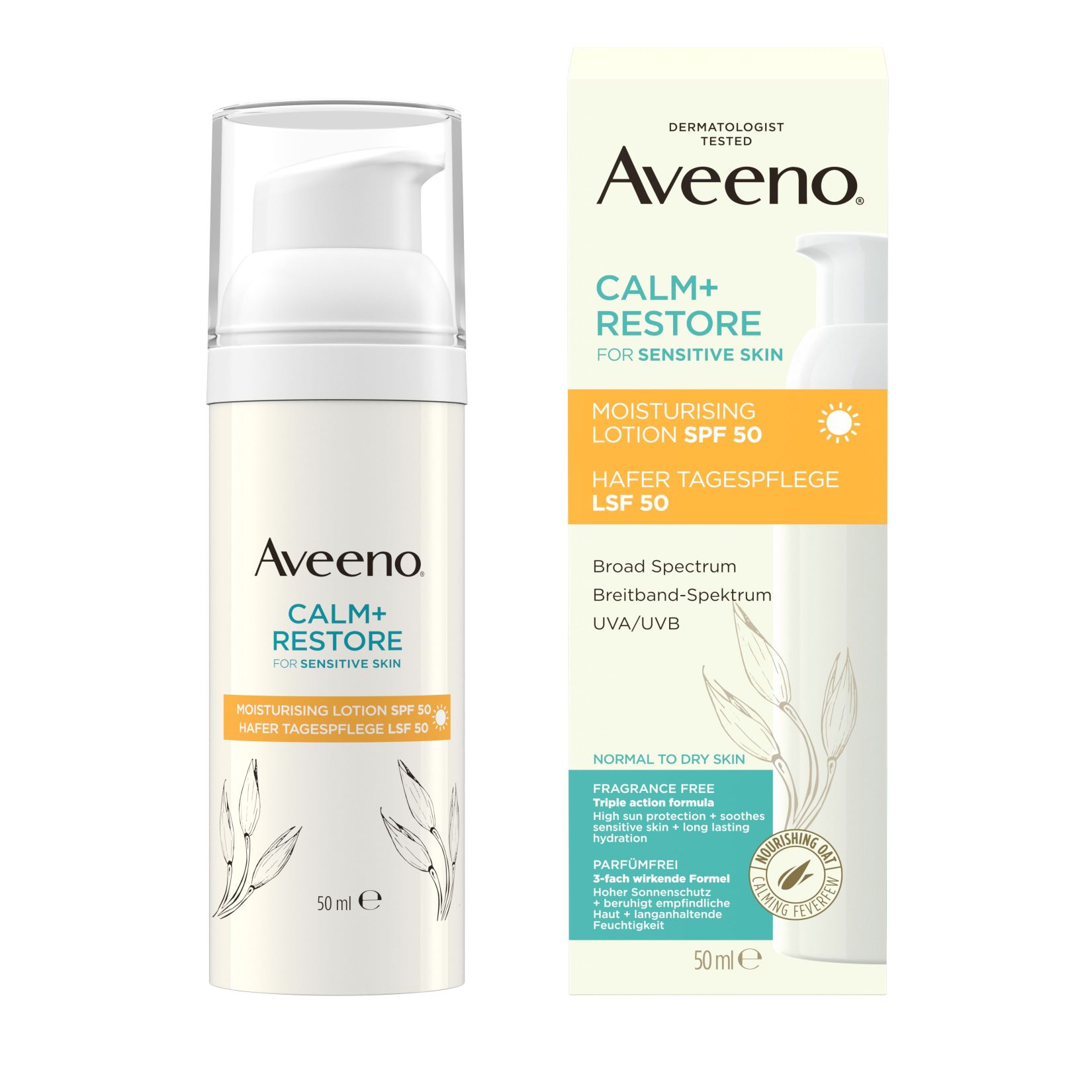 Aveeno Calm+Restore Tagespflege Spf50 feuchtigkeitsspendend Hafer Topf 50 ml