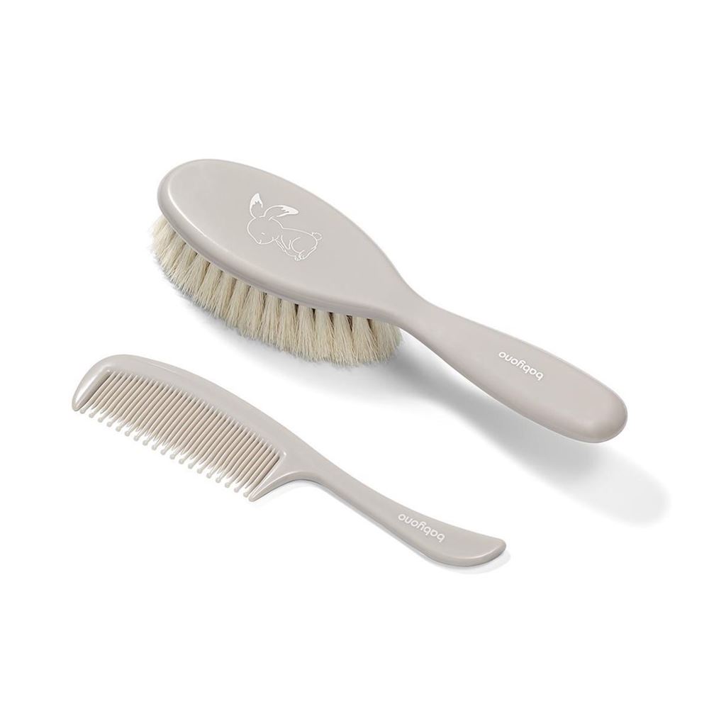 babyono Set Kamm und Bürste natürliche Haarborsten superweich grau 0M+