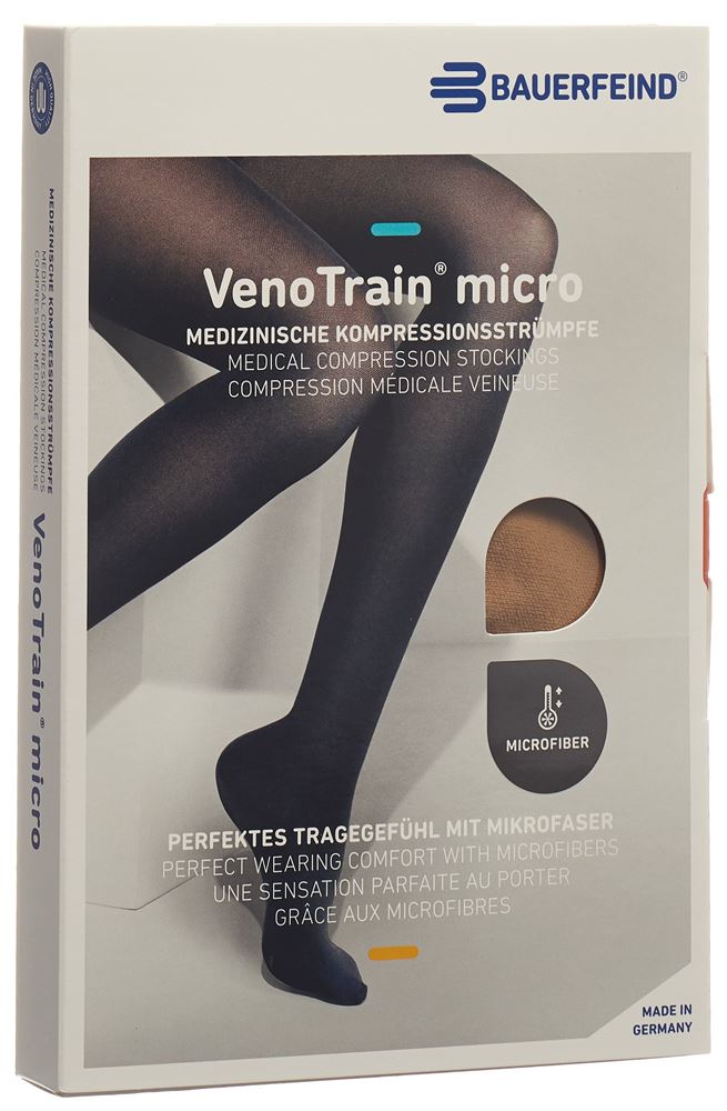 Bauerfeind VenoTrain Micro Kkl2 AG M normal/long offene Fussspitze Mikronoppenhaftband caramel 1 Paar