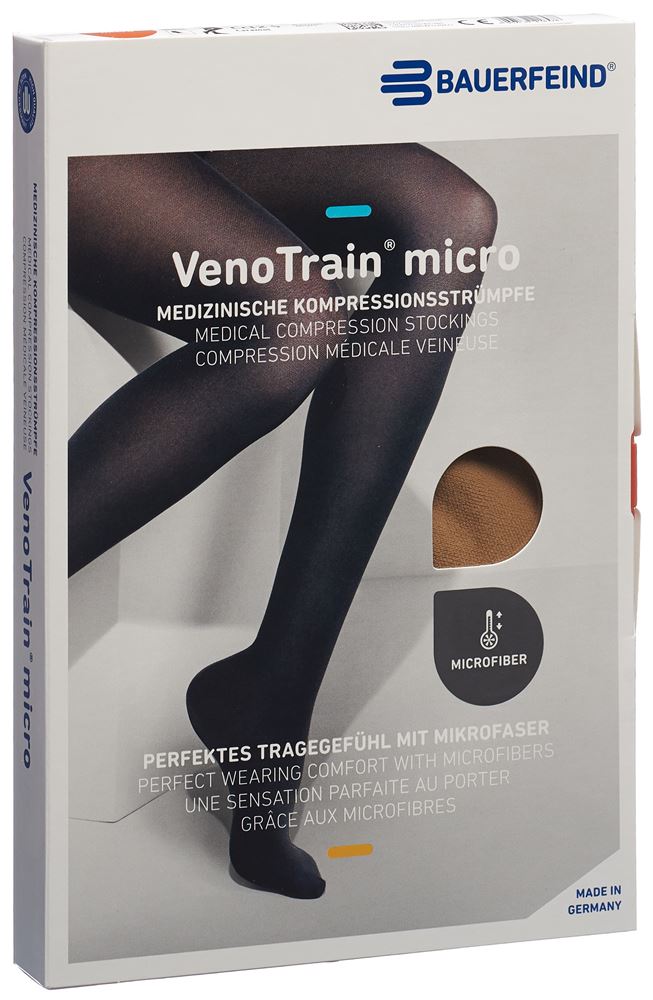 Bauerfeind VenoTrain Micro Kkl2 AG M plus/short offene Fussspitze Mikronoppenhaftband caramel 1 Paar