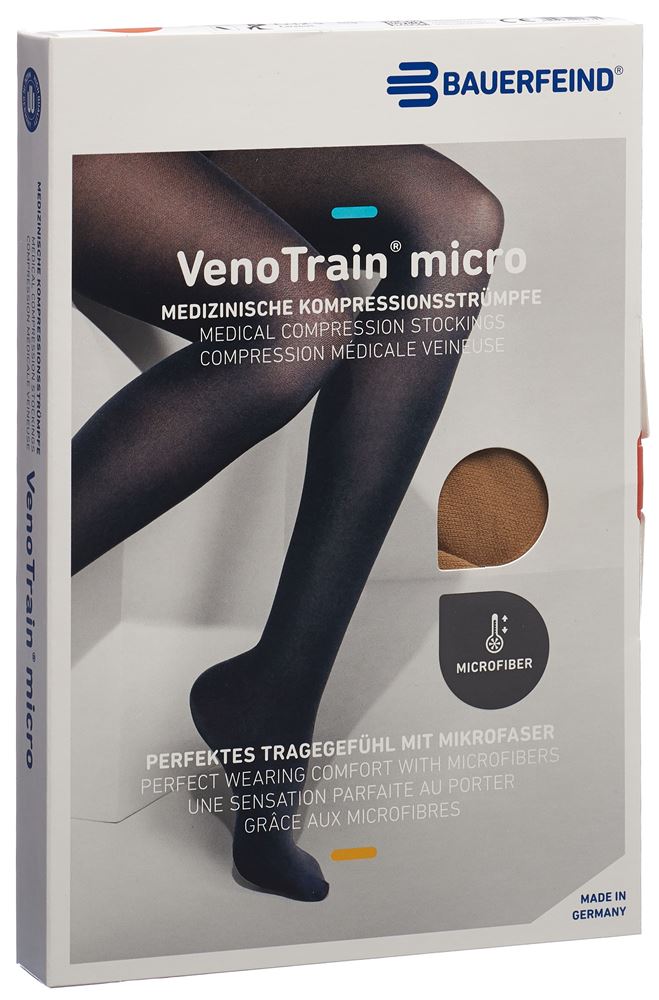 Bauerfeind VenoTrain Micro Kkl2 AG S normal/long geschlossene Fussspitze Mikronoppenhaftband caramel 1 Paar