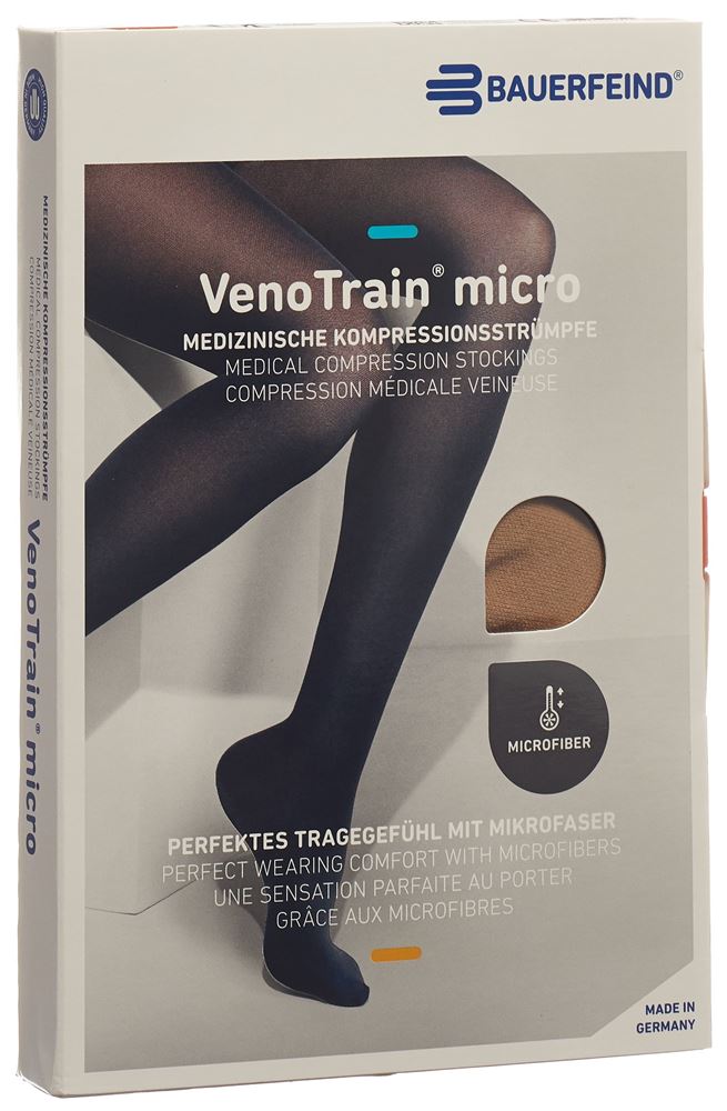 Bauerfeind VenoTrain Micro Kkl2 AG S normal/short geschlossene Fussspitze Mikronoppenhaftband caramel 1 Paar
