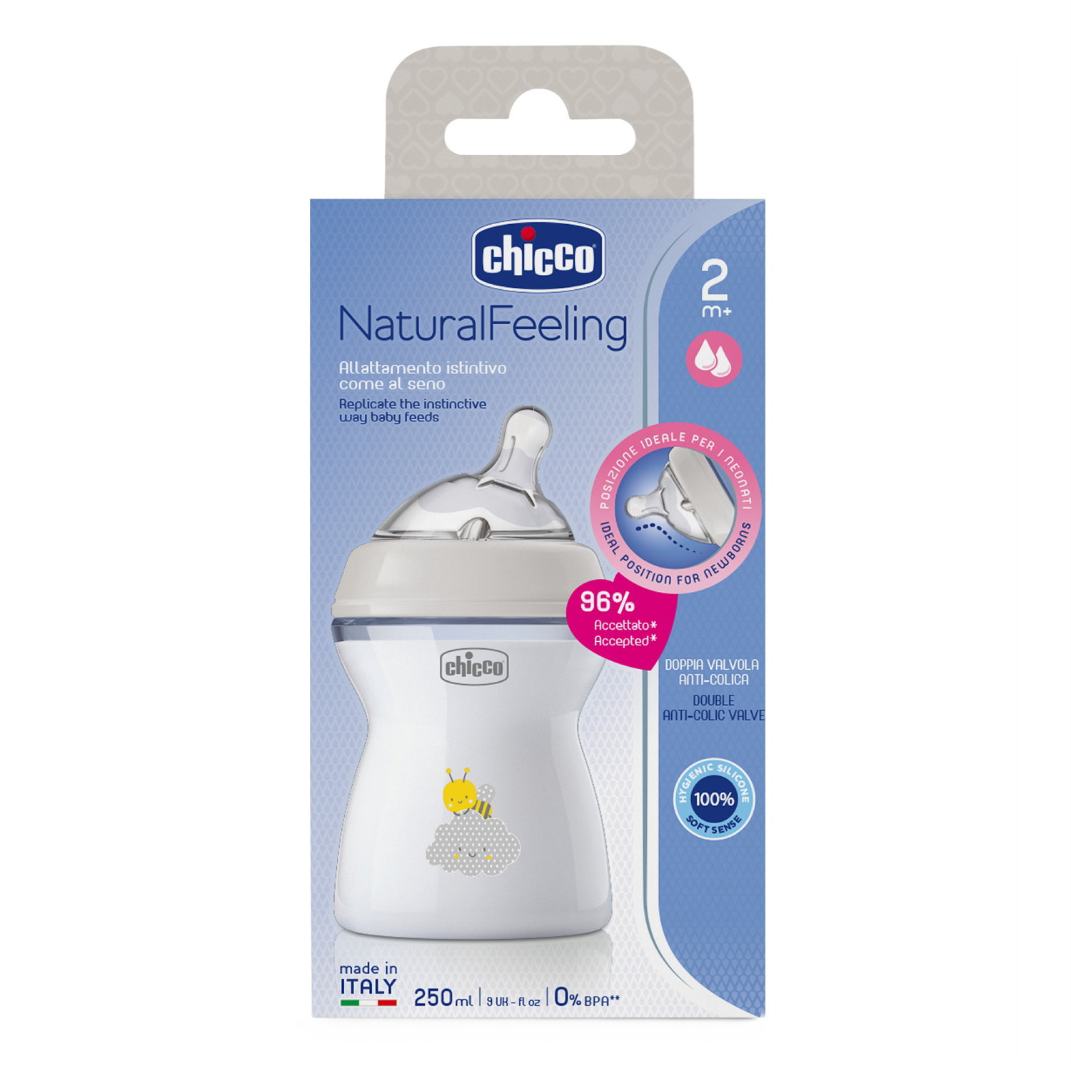 Chicco Babyfläschchen Natural Feeling PP 250ml Sauger Silikon mittlerer Fluss UNI 2m+