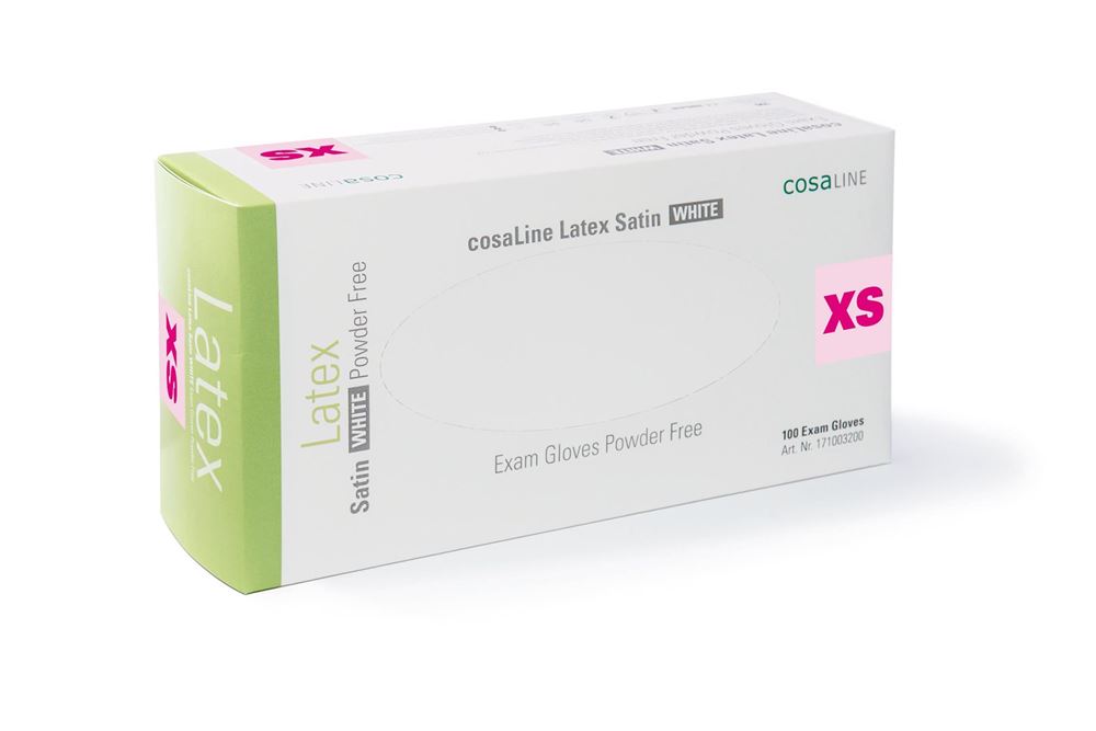 cosaLine Untersuchungshandschuhe XS Latex Satin weiss puderfrei 100 Stk
