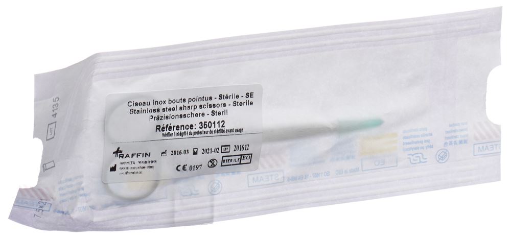 Raffin Präzisionsschere 12cm Edelstahl spitz/spitz steril mit Kompresse