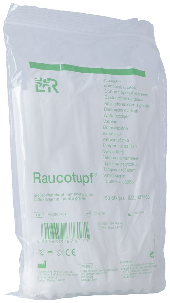 Raucotupf Wattestäbchen 15cm grosser Wattekopf Btl 50 Stk