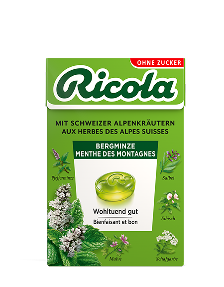 Ricola Kräuterbonbons Bergminze ohne Zucker mit Stevia Box 50 g