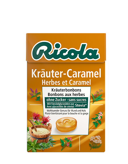 Ricola Kräuterbonbons Kräuter Caramel ohne Zucker mit Stevia Box 50 g