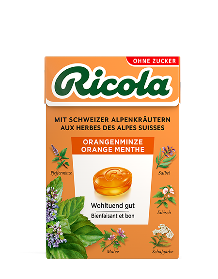 Ricola Kräuterbonbons Orange Minze ohne Zucker mit Stevia Box 50 g