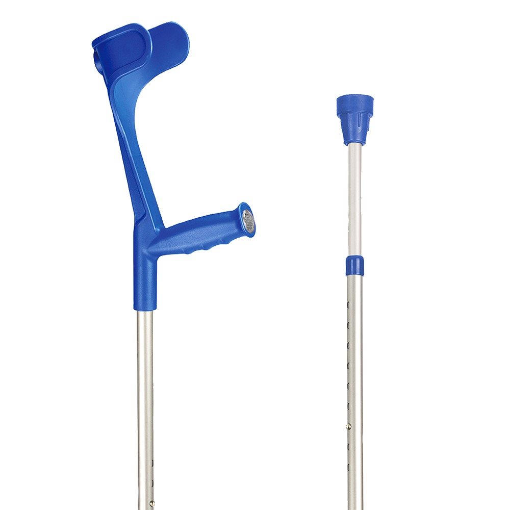 Sahag Krücken Ergo Softgriff 76-96cm alu blau -140kg Druckknopf 2 Reflektoren 1 Paar