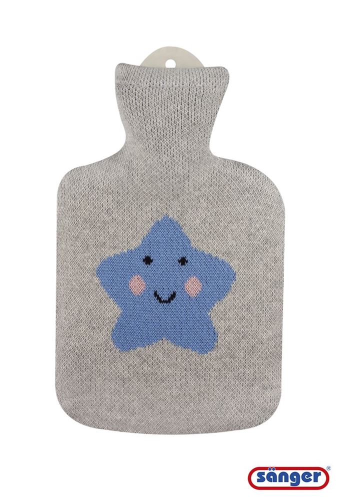 Sänger Wärmflasche aus Naturkautschuk mit Strickbezug 0.8l aus Bauwolle Stern grau