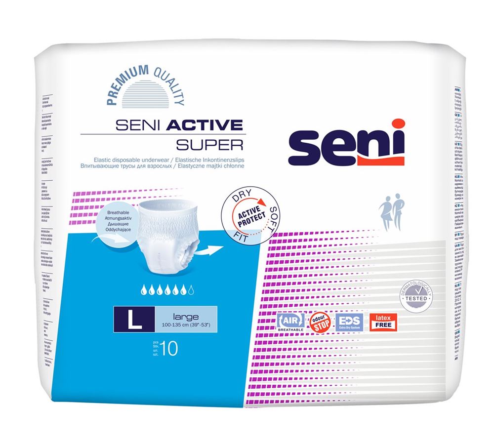 Seni Active Super Pants Einweghosen L atmungsaktiv Hüftumfang 100-135cm 6 Tropfen 10 Stk