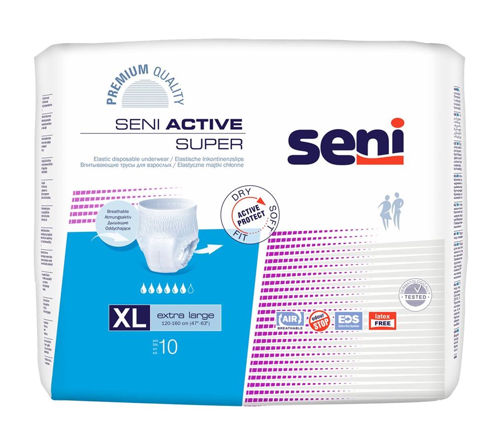 Seni Active Super Pants Einweghosen XL atmungsaktiv Hüftumfang 120-160cm 6 Tropfen 10 Stk