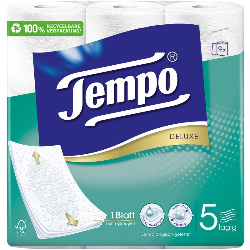 Tempo Toilettenpapier 5lagig 80 Blatt Rolle 9 Stk