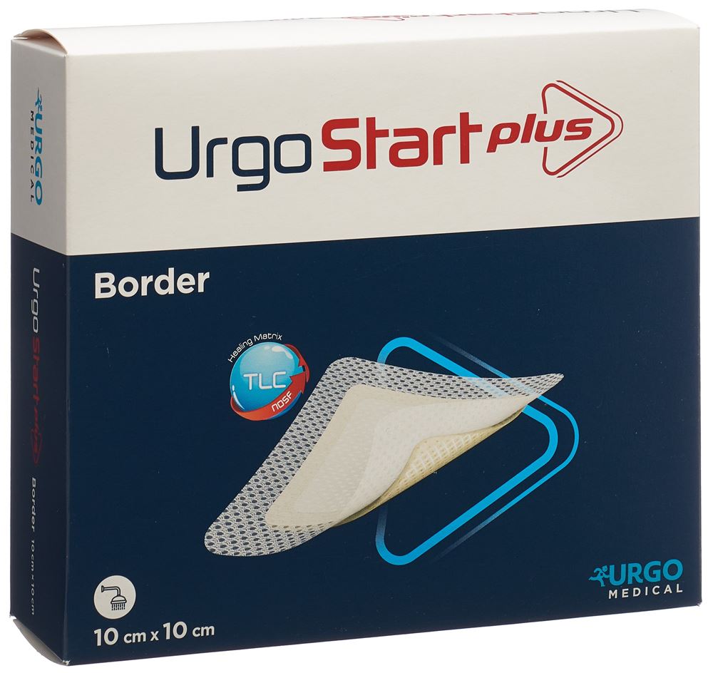 UrgoStart Plus Border Selbsthaftende Polyacrylatwundauflage 10x10cm mit mikroadhäsiver TLC-NOSF-Wundheilungsmatrix 10 Stk