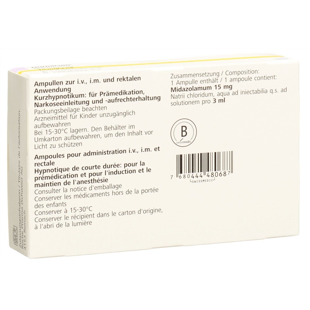 Dormicum sol inj 15 mg/3ml i.v., i.m. , rectale amp 3 ml, image 2 sur 2