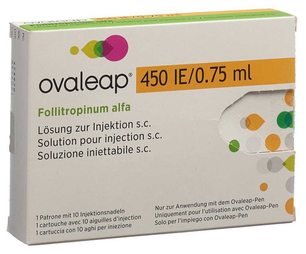 OVALEAP Inj Lös 450 IE/0.75ml Patrone mit 10 Injektionsnadeln Patrone 1 Stk, Hauptbild