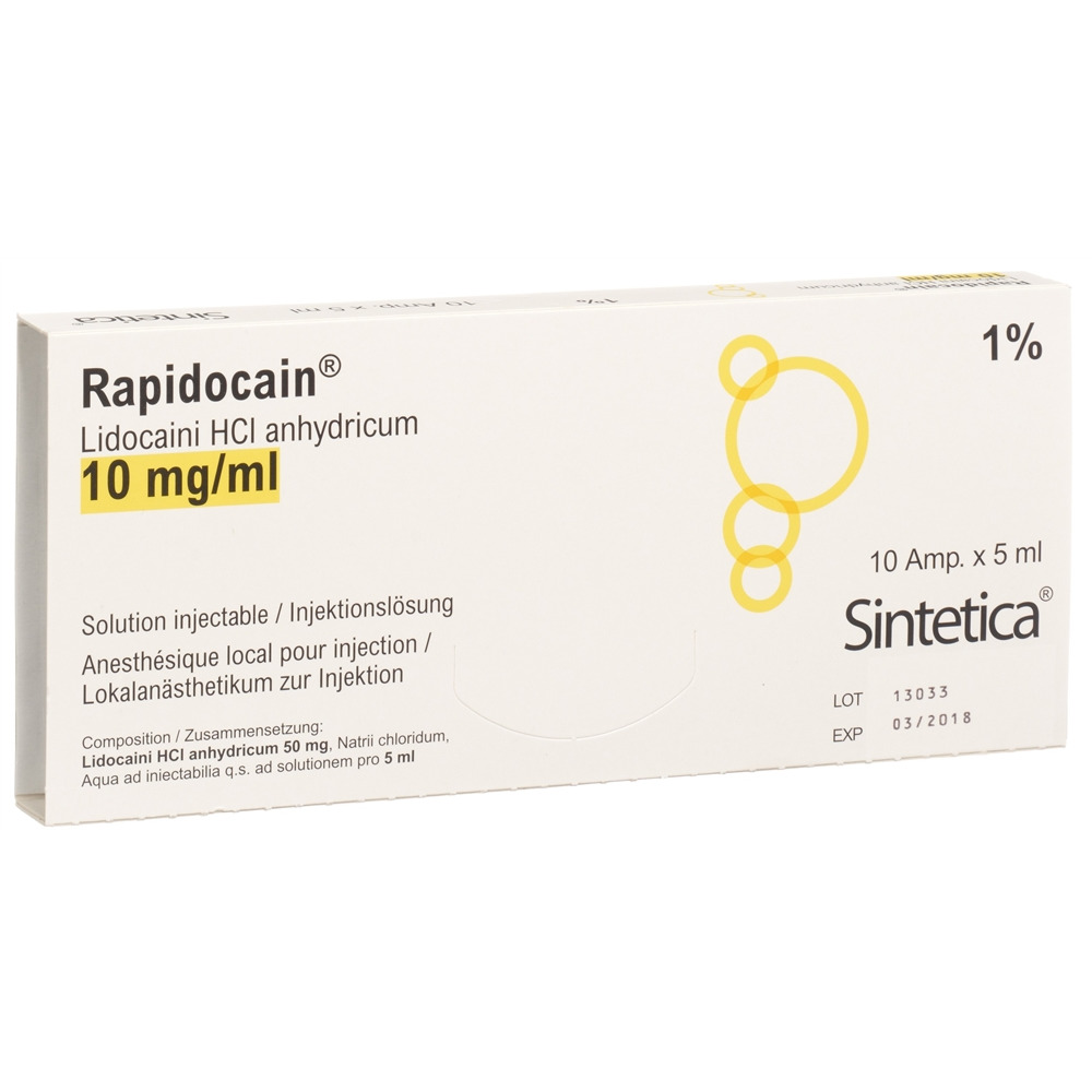 RAPIDOCAIN sol inj 50 mg/5ml sans agent conservateur amp 5 ml, image principale